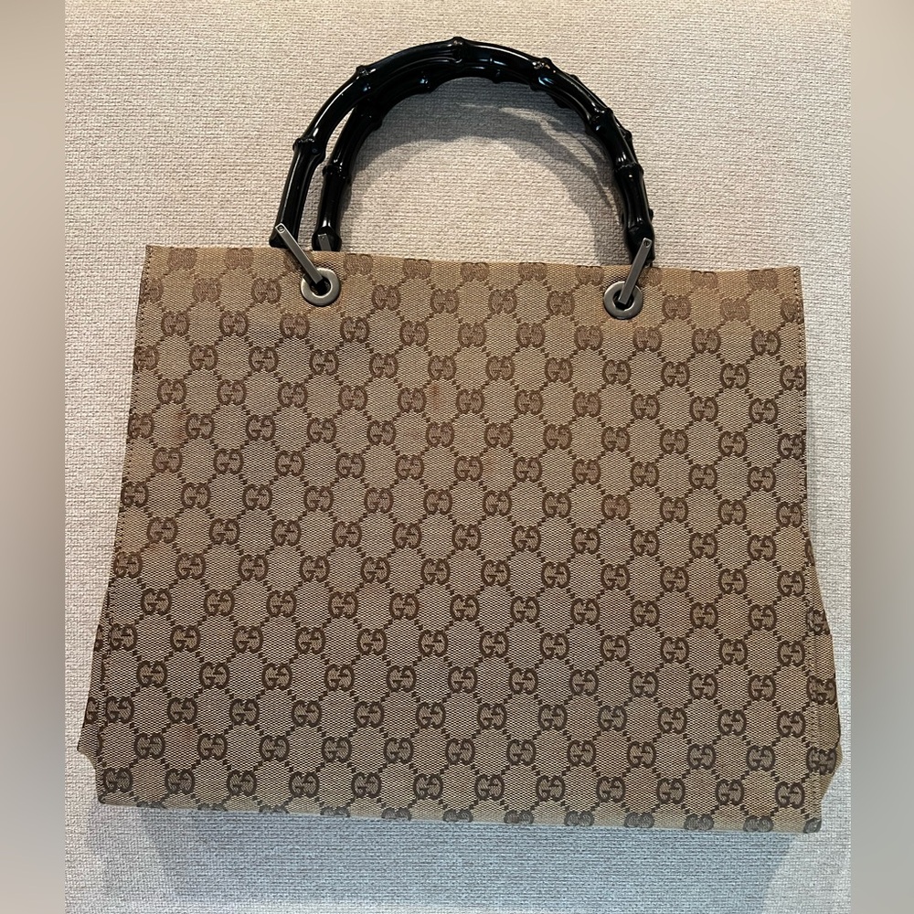 Authentic Gucci Monogram Bamboo Bag Beige
